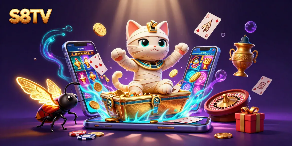 Experience the thrill of S8TV with a captivating casino scene featuring a dynamic Egyptian mummy cat.