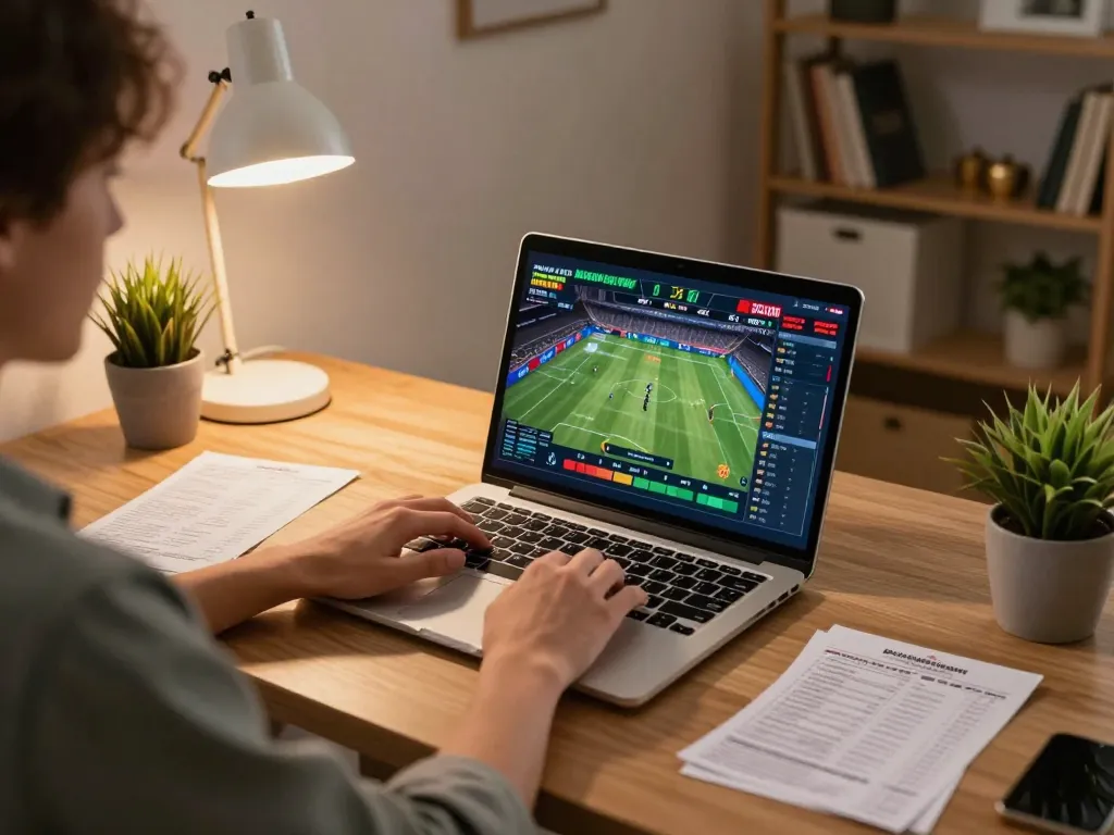 Engaging in online sports betting with ok365 on a laptop in a cozy home office setting.