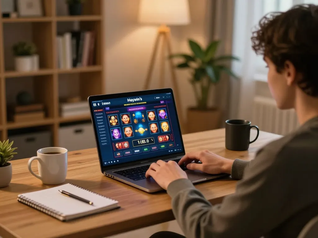 Person engaging with hay win online gaming interface on laptop in cozy workspace