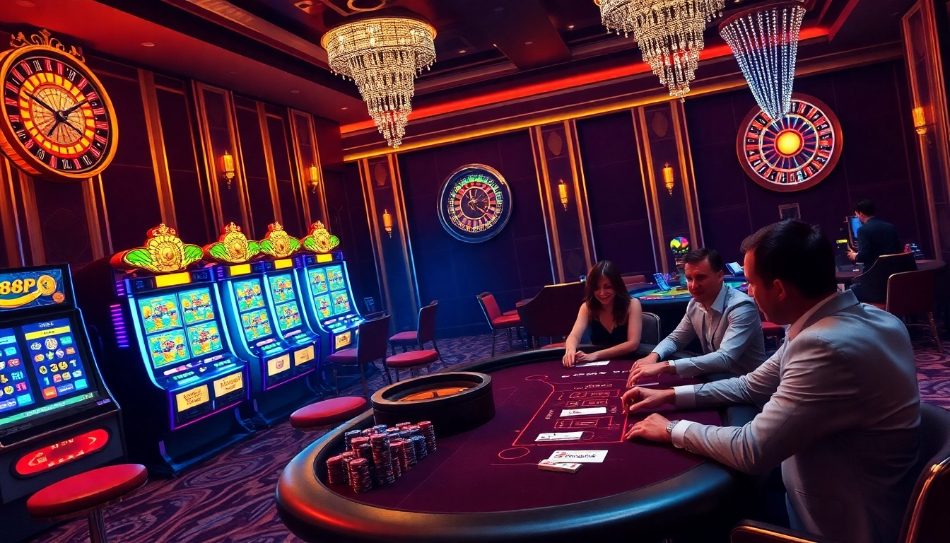 Players enjoying thrilling gameplay at an 888P casino with vibrant tables and slot machines.