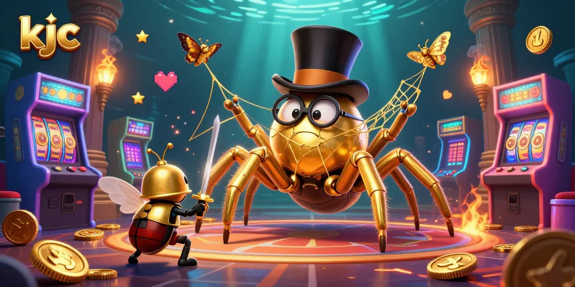 KJC players revel in a vibrant casino scene with a golden tarantula and beetle knight amid jackpot opportunities.