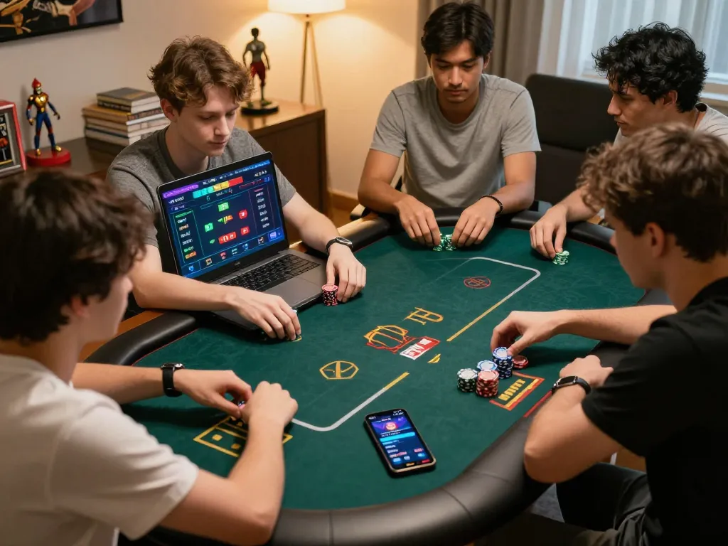 Engaged players navigating fun79 vip poker game with strategic bets in a stylish home office.