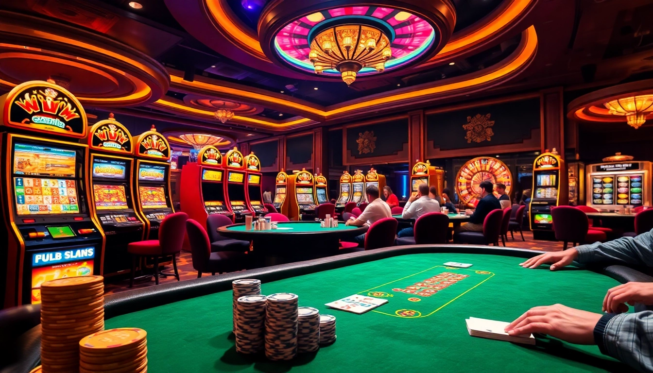 Players enjoying a thrilling poker game at https://pub88us.com/ in a luxurious casino setting with vibrant slot machines.
