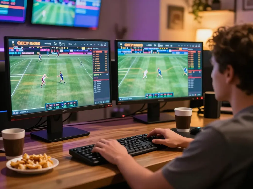 Engaged user at keonhacai5 analyzing live sports betting odds on multiple screens.