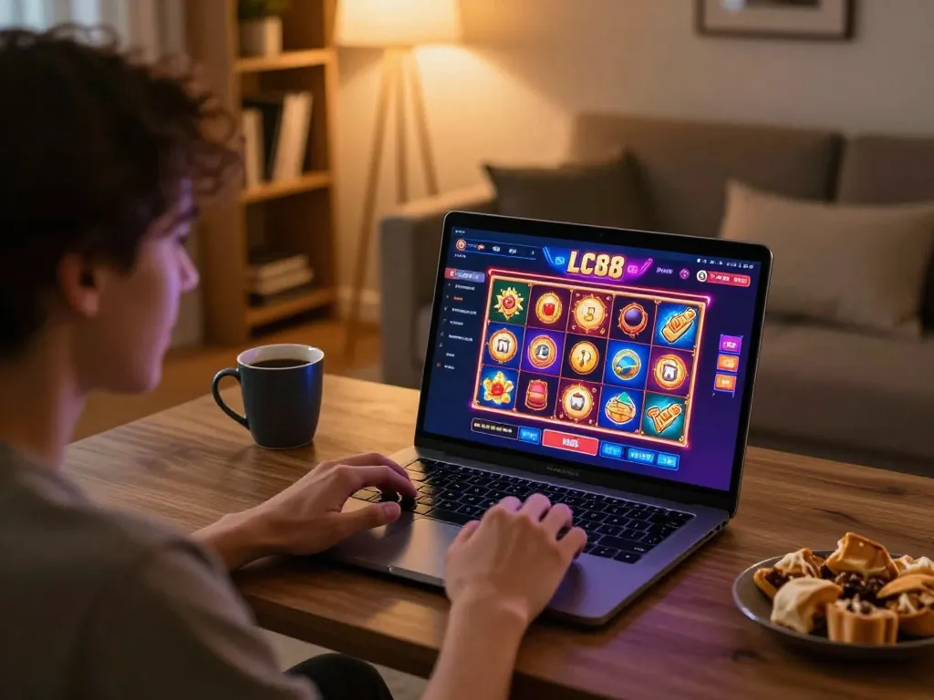 Engaging in online gaming at LC88, enjoying vibrant slot games and cozy atmosphere