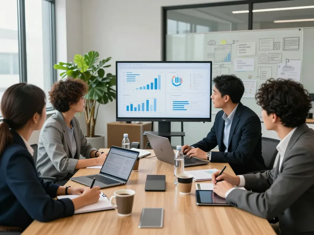 Collaborative team meeting at https://c168.date/ showcasing data presentations and teamwork in a modern office.
