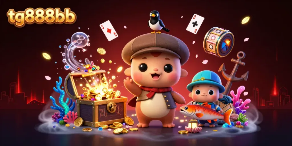 Play and win big with tg888bb featuring a cute Nessie in a colorful casino underwater scene.