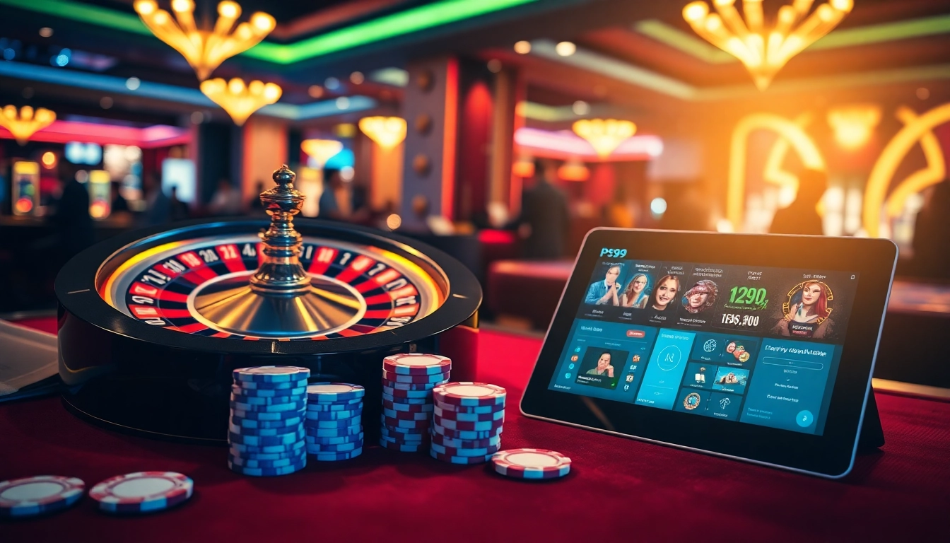 Visual representation of link PS99 on an upscale casino gaming interface showcasing roulette and poker elements.