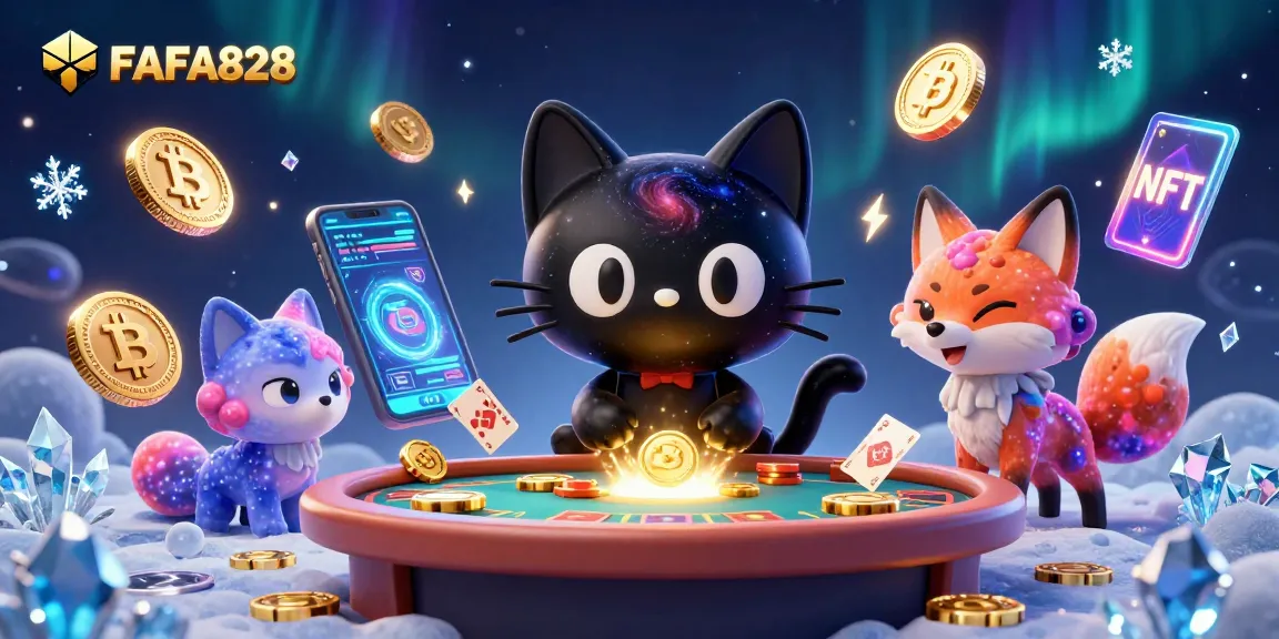 Engage in thrilling cosmic gaming with FAFA828's vibrant illustration showcasing unique characters and crypto elements.