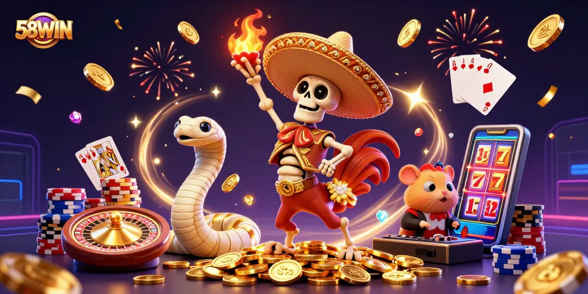 Experience excitement with 58WIN as a mariachi rooster and characters celebrate wins with dazzling casino elements.