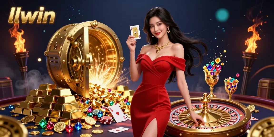 Win big with llwin at a glamorous casino scene featuring a beautiful woman, roulette wheel, and golden riches.