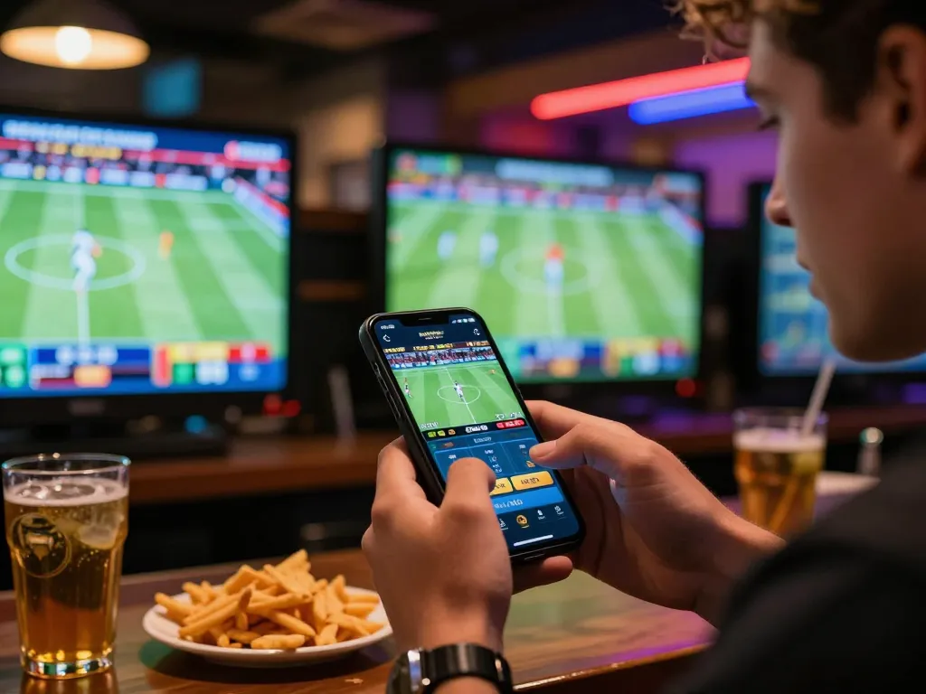 Net88 app showcasing live sports betting action in a vibrant sports bar environment.