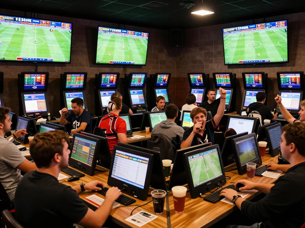 Exciting sports betting scene showcasing live kết quả bóng đá updates, with enthusiastic fans betting in a vibrant environment.