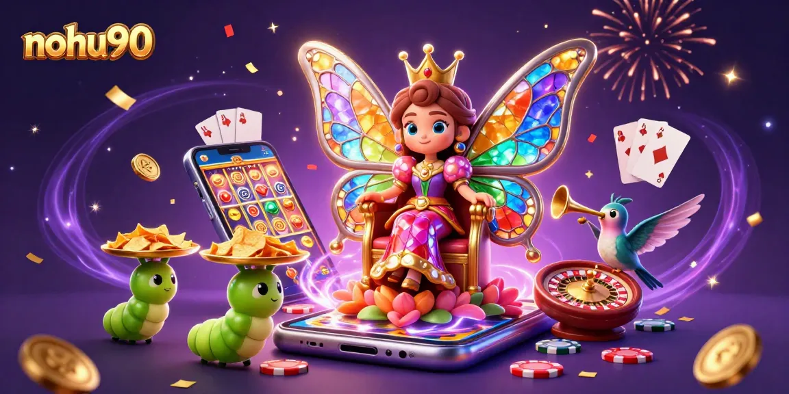 Nohu90 showcases a vibrant casino scene with a butterfly queen and gaming elements, celebrating excitement and winnings.