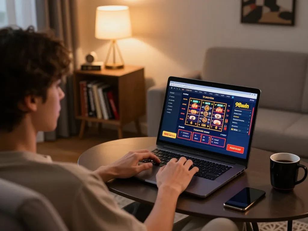 Play exciting live dealer games at 98win in a cozy home gaming setup, showcasing responsible entertainment.