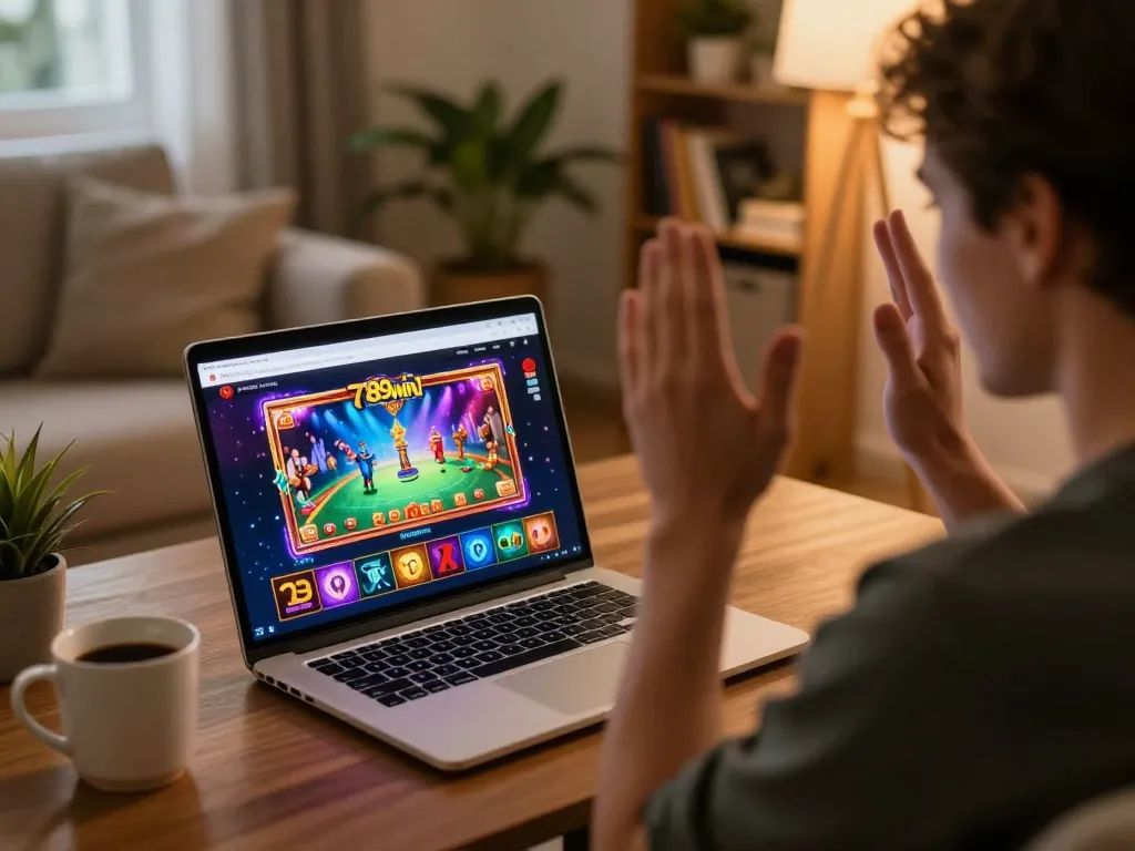 Player celebrating a win on 789win's online casino platform at home, cozy atmosphere with gaming flair