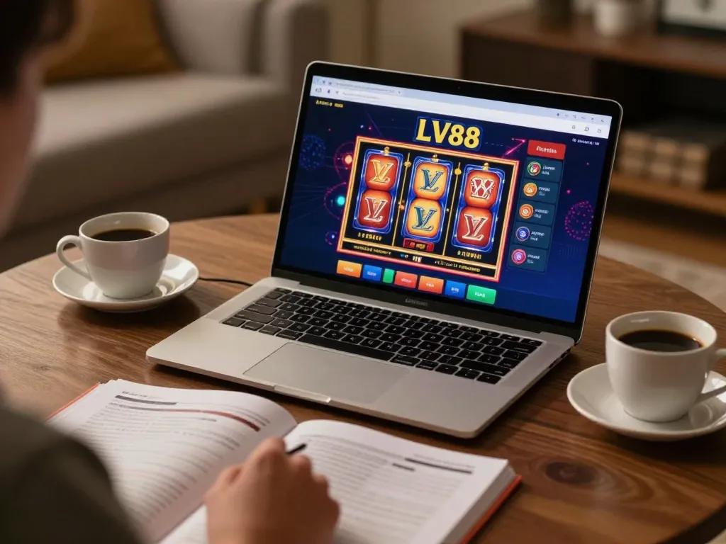 Player enjoying LV88 online gambling from home with laptop and strategy notes.