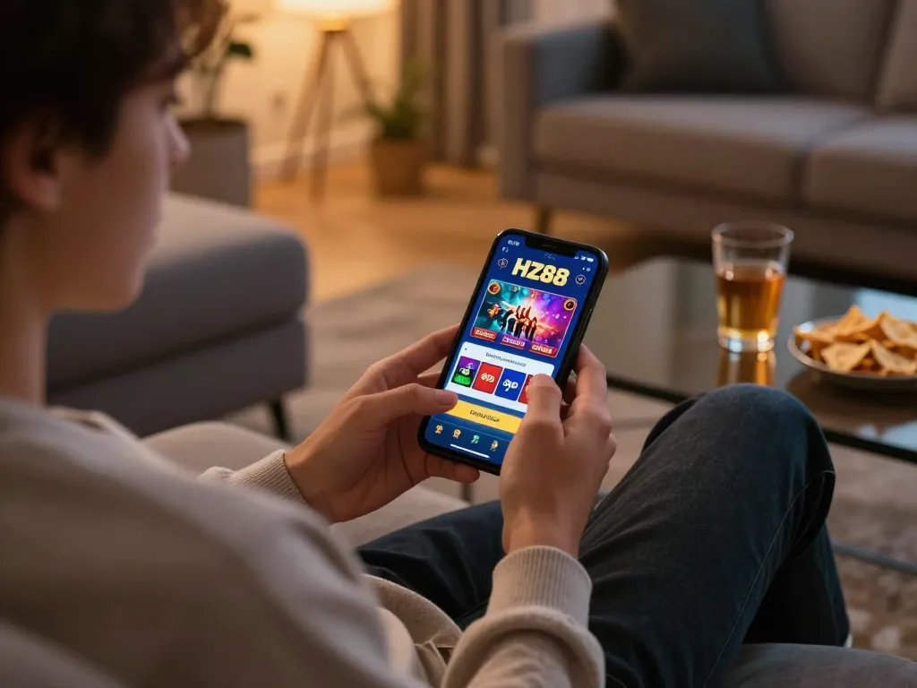 Engaging gameplay on HZ88 casino app in a cozy home environment with snacks and drinks.