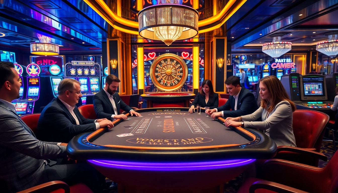 WE88 players enjoying an exciting game at a modern casino table surrounded by vibrant chips and cards.