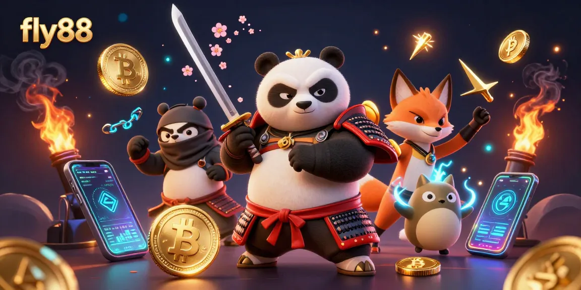 Experience immersive gaming action at fly88 with samurai panda and ninja fox in a vibrant digital casino.