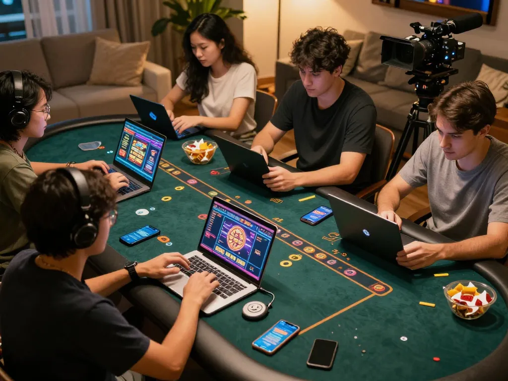 Players engaging with fly88 online casino games on various devices, lively atmosphere in a home setting