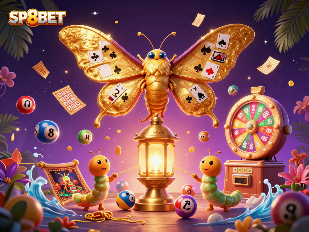 Engage with SP8BET's vibrant casino excitement featuring a golden moth and lottery elements.