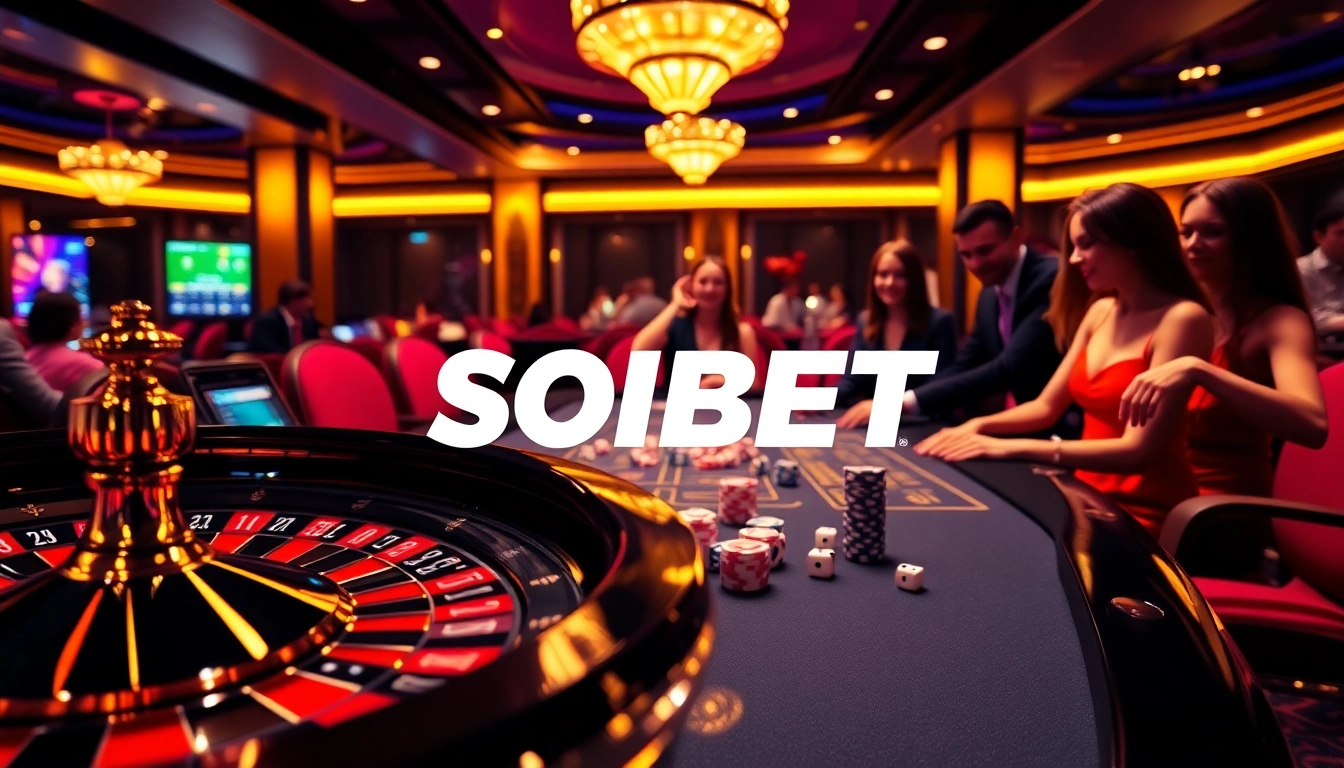 Players enjoying the thrill of gambling at SOIBET ไทย casino with roulette wheel and poker chips.
