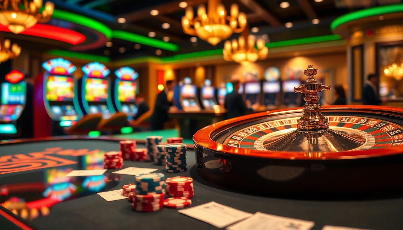 Experience the excitement of tỷ lệ nhà cái among poker chips and roulette wheels in a vibrant casino scene.