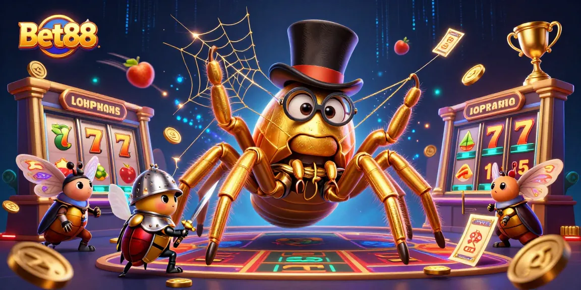 Bet88's thrilling illustration captures a giant tarantula weaving riches and adventure with a heroic beetle knight amidst vibrant casino elements.