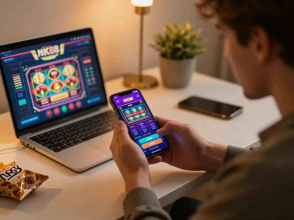 Engaged player using the NK88 app for exciting online gambling action.