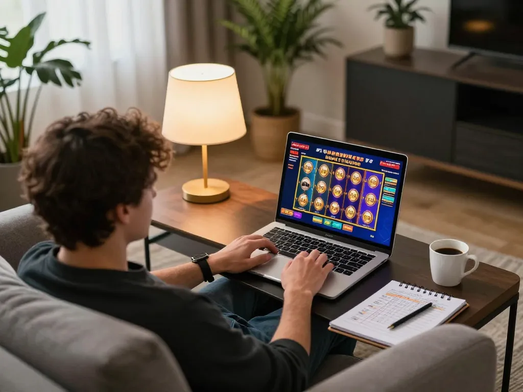 Player engaging with hb88 online casino on a laptop, cozy living room setup