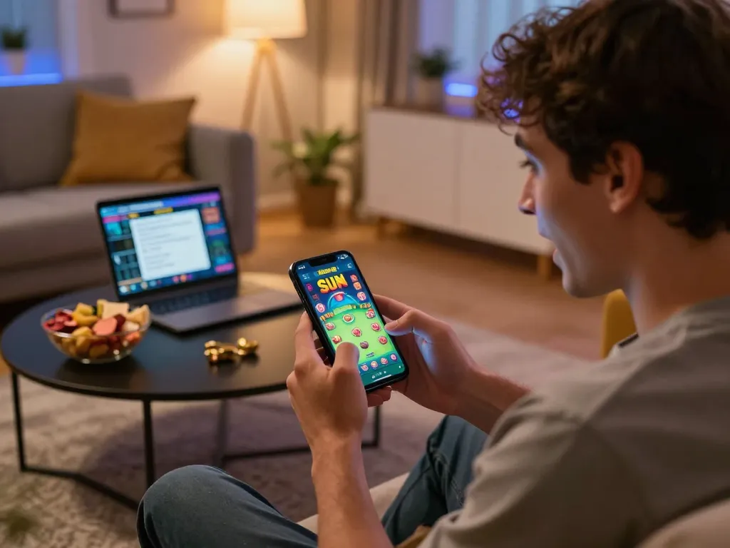 Engaging in the Sun win mobile app, a player experiences the excitement of online gambling in a cozy living room.