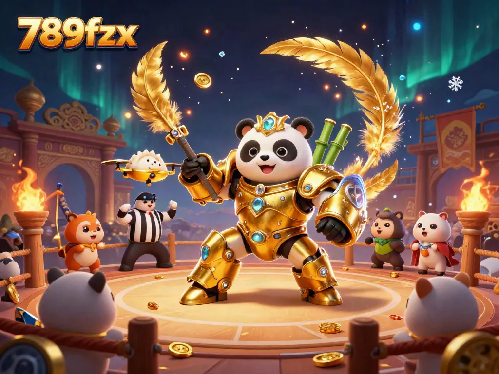 Engage with exciting 789fzx online casino battles featuring a golden panda robot in a vibrant arena.