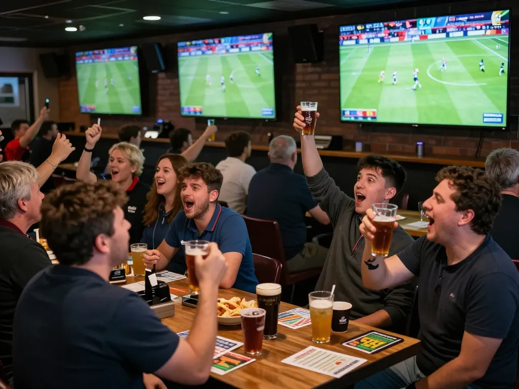 Football fans engaging in sports betting at bar, celebrating thrilling moments of the match.