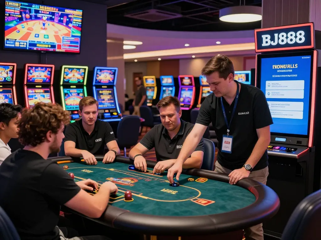 Enthusiastic players enjoying BJ888 online gambling experience with vibrant casino atmosphere.