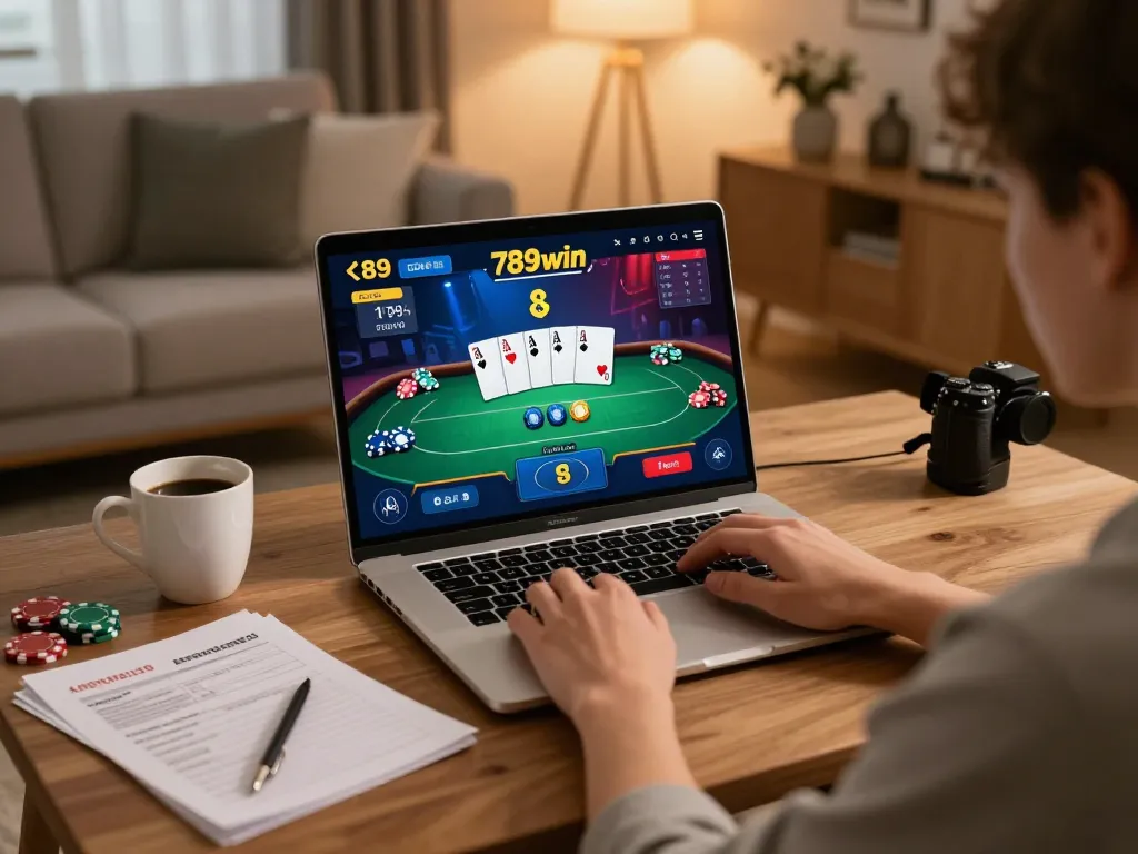 Engaging in poker gameplay on 789win's online platform from a cozy home setup.