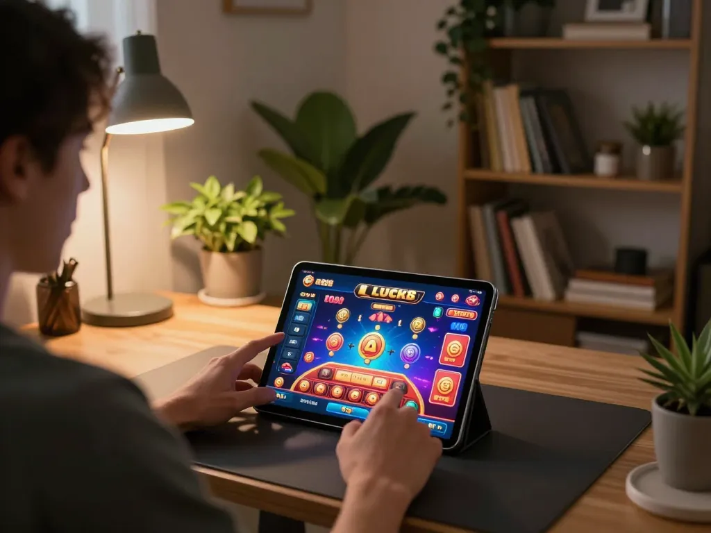 Player enjoying online gaming experience on Luck8 tablet in a cozy home setting