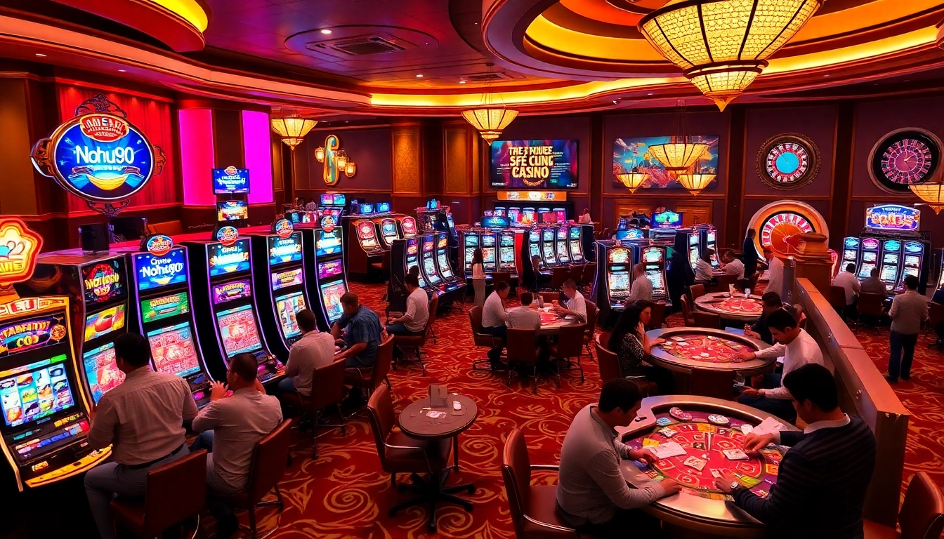 Nohu90 slot machines and poker tables in a vibrant casino environment.