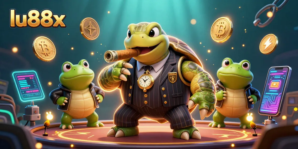 Engage with lu88x through this vibrant 3D casino scene of a snapping turtle in a mobster suit.
