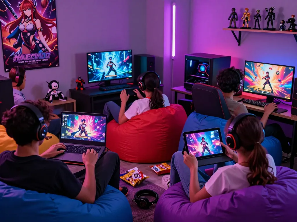Engaged players enjoying interactive porn games on various devices in a vibrant gaming atmosphere.