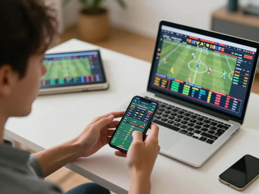 Sports betting on F8BET app during a thrilling game, showcasing an engaged bettor using smartphone and laptop.