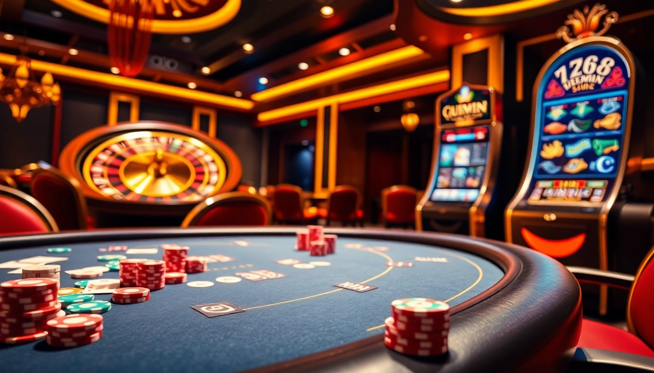 Experience the thrill of 789win at a luxurious casino, featuring poker chips and a spinning roulette wheel.