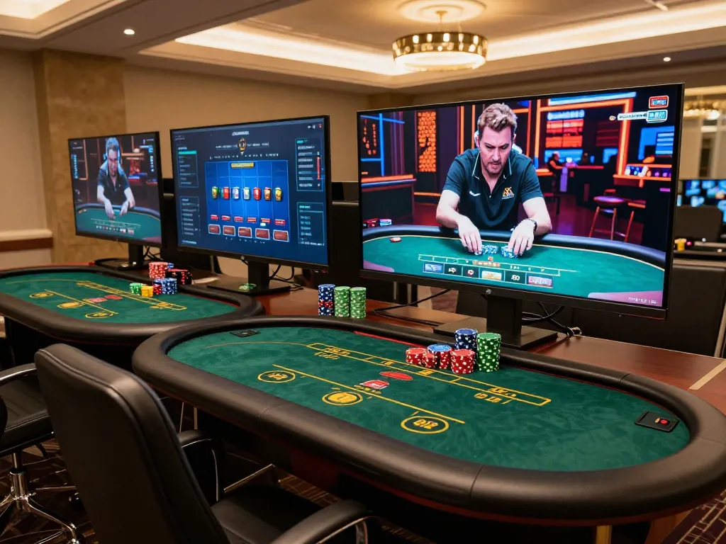 Engaged player strategizing online poker on multiple screens at https://tx88.bid/ with ambient lighting and organized setup.