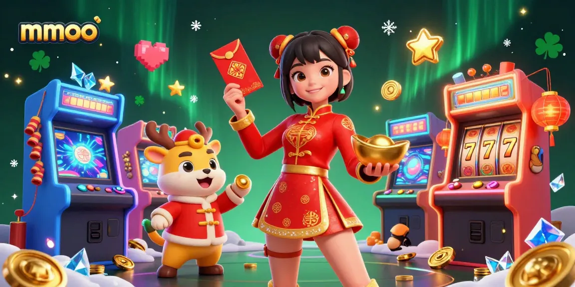 Experience the vibrant mmoo casino scene with dynamic slot machines and festive characters.