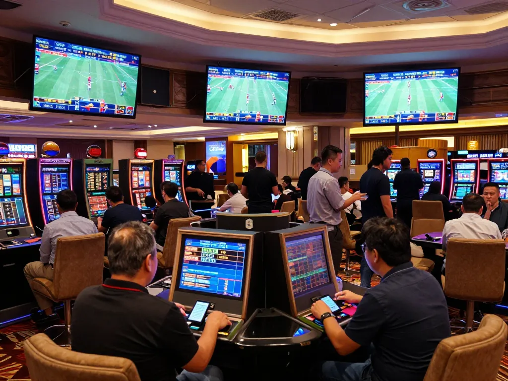 Tỷ lệ kèo nhà cái hôm nay being actively analyzed by excited sports bettors in a lavish casino setting.
