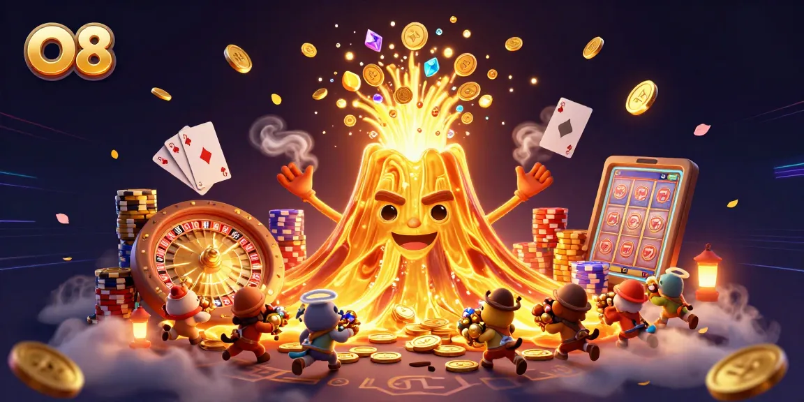 Experience the thrill of O8 casino adventures with a golden volcano erupting treasures and tiny explorers.