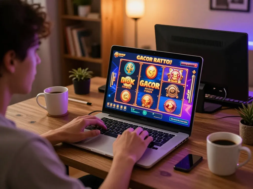 Bermain permainan slot gacor di laptop dalam pengaturan gaming rumah yang nyaman.