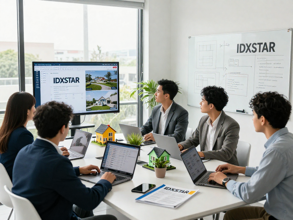 Team of real estate professionals discussing IDXSTAR technology solutions in a modern office