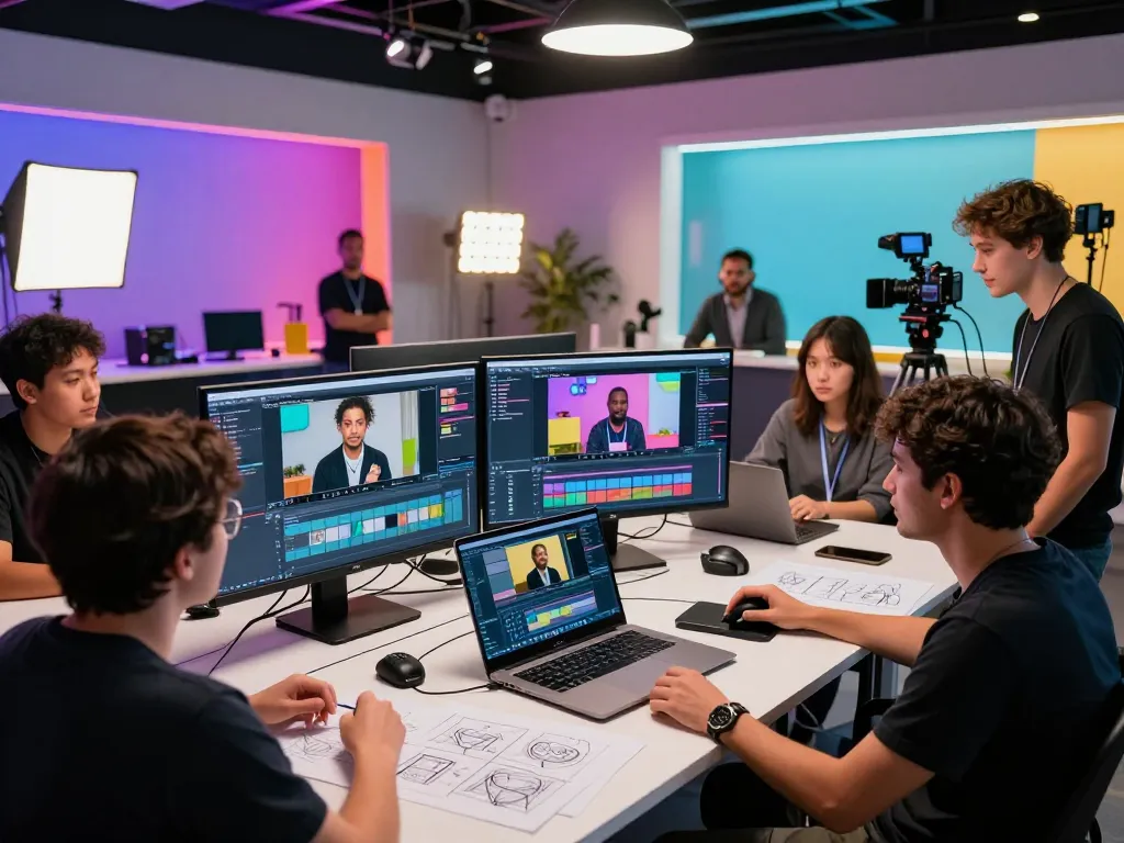 Seedance 2.0 video production team collaborating on AI-generated visual storytelling in a modern studio.