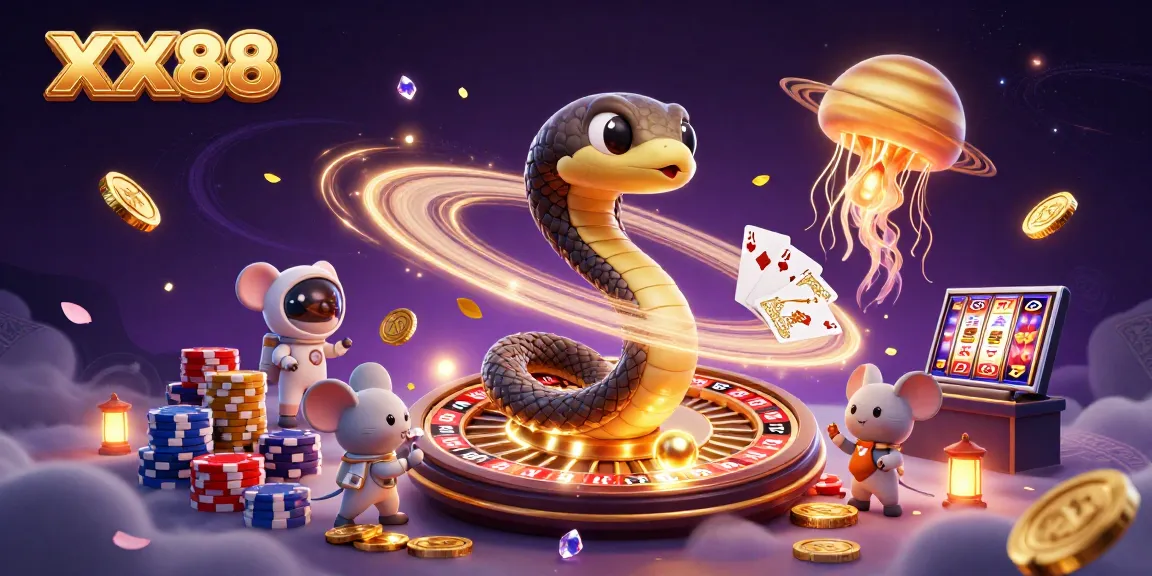 Bet with XX88 at an online casino scene featuring a Saturn snake and cosmic dealer.